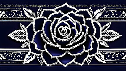 Embroidered Indigo Rose on Black Background, Floral Stitching Against Deep Midnight, Indigo Rose Design in Embroidery, Luxurious Indigo Floral Embroidery on Ebony Canvas(Generative AI)