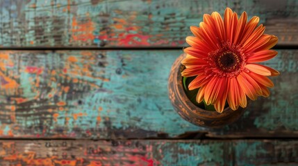 A vibrant Gerbera flower sits gracefully in a vase placed atop a rustic wooden table