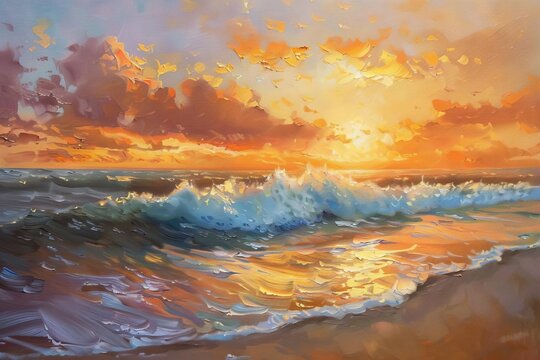 serene sunrise seascape with vibrant orange and yellow hues oil painting