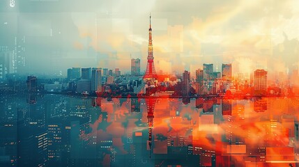 Tokyo Tower in Japan. double exposure contemporary style minimalist artwork collage illustration. Ai generative