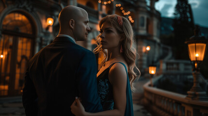 Fototapeta premium rich couple in elegant suit and evening dress on a castle terasse guest on an elegant event or wedding
