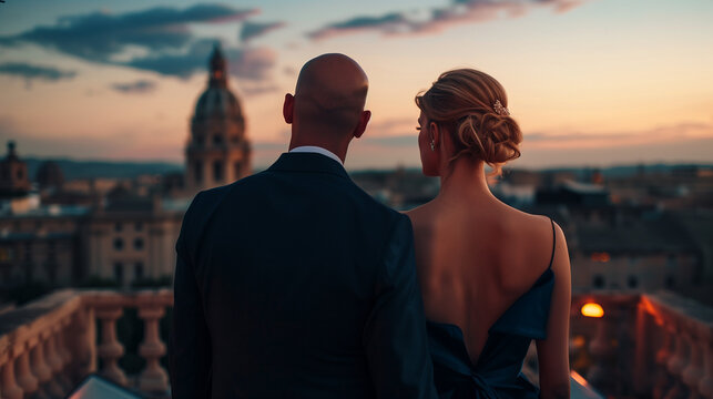 rich couple in elegant suit and evening dress on a castle terasse guest on an elegant event or wedding