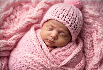 Fototapeta na wymiar Cute newborn baby sleeping wrapped in a pink blanket