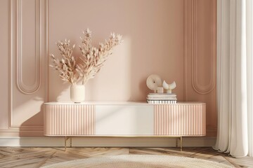 simple minimalist tv cabinet mockup on interior wall modern blush and brushed gold accents 3d illustration
