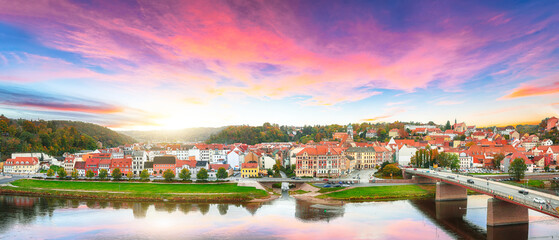 Fantastic sunset view on cityscape of Meissen town on the River Elbe.
