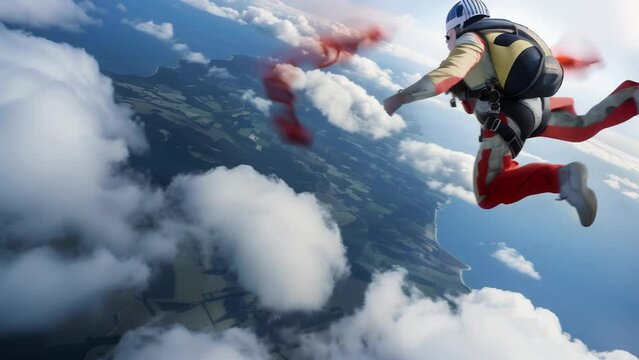 From high above a dense sea of clouds, a skydiver clad in red and white boldly leaps into the void. 