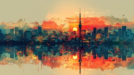 Tokyo Tower in Japan. double exposure contemporary style minimalist artwork collage illustration. Ai generative - obrazy, fototapety, plakaty