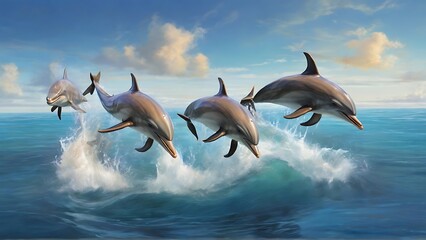 Aquatic Celebration: Joyful Family of Dolphins Swimming and Leaping Underwater