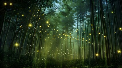 Mysterious lights in bamboo forest at night
