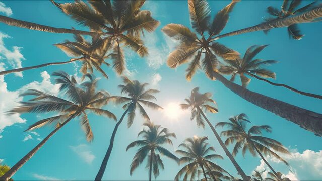 Low angle view of palm trees with blue sky. AI Footage.