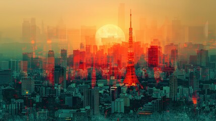 Fototapeta premium Tokyo Tower in Japan. double exposure contemporary style minimalist artwork collage illustration. Ai generative
