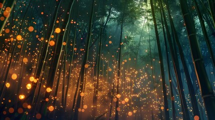 Mysterious lights in bamboo forest at night
