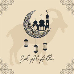 Eid Al Adha festival. Greeting card with sacrificial sheep and crescent background. Eid Mubarak theme vector.