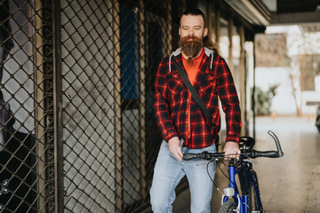 A stylish bearded businessman holding a bicycle in an urban environment, representing sustainable commuting and remote working.