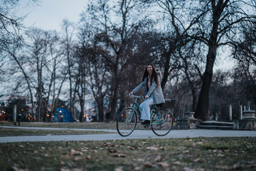 Evening tranquility as a young woman cycles along a park path, surrounded by bare trees and fading daylight.