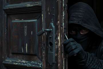 Hooded thief coming through the door to steal, highlighting the vulnerability of homes to criminal intrusion and robbery