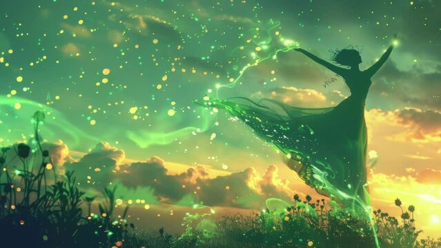 Graceful female form celebrating nature as she dances amidst a dreamlike green aurora and sparkling lights