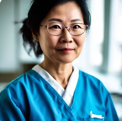 A woman in electric blue scrubs and glasses smiles at the camera - obrazy, fototapety, plakaty