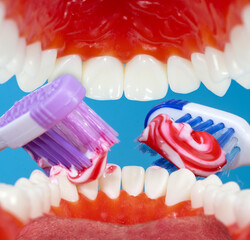 Brushing teeth with two toothbrushes with toothpaste, view through the mouth
