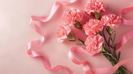 Foto op Canvas An enchanting top down perspective capturing the beauty of pink carnations adorned with a delicate pink ribbon perfect for Mother s Day © 2rogan