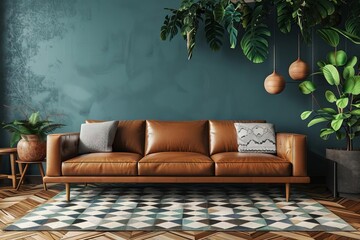 stylish midcentury modern living room interior with leather sofa and geometric rug 3d render