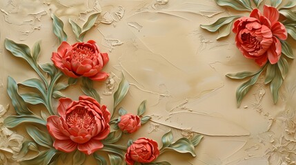 Red decorative volumetric peony flower on the background. Decorative wall - obrazy, fototapety, plakaty