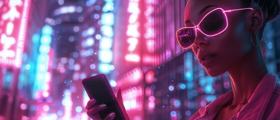 Sleek portrait of a person in a chic outfit, holding a modern black smartphone, posing with confidence against a hightech, futuristic cityscape, vibrant neon lights highlighting the scene. - obrazy, fototapety, plakaty