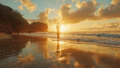 Fat woman performing yoga on a serene beach, demonstrating flexibility and strength, framed by the sunrise
