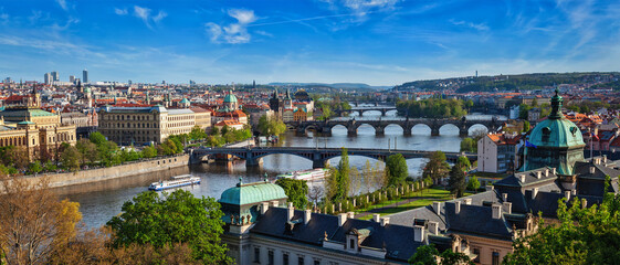 Panoramic view of Prague bridges over Vltava river from Letni P