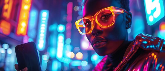 Sleek portrait of a person in a chic outfit, holding a modern black smartphone, posing with confidence against a hightech, futuristic cityscape, vibrant neon lights highlighting the scene. - obrazy, fototapety, plakaty