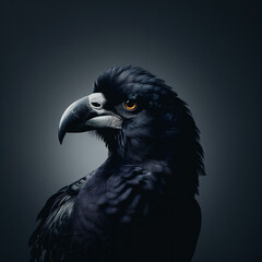 Fototapeta premium Crow, closeup, photo, black, feathers, red eyes, studio nature photography, isolated, black background