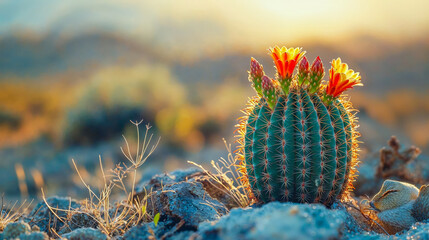 gros plan sur un petit cactus en fleur au coucher du soleil