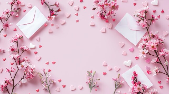 Valentine s Day vibes come to life with a charming setup featuring pink flowers heart strewn envelopes and a delightful pastel pink backdrop This lovely scene captures the essence of the Va