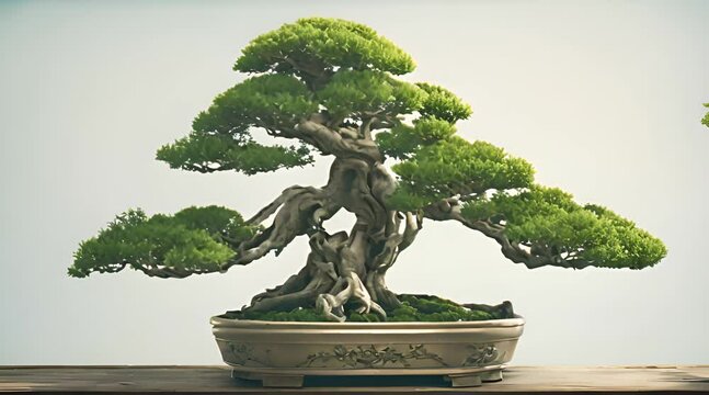 Small green bonsai tree in a brown plant pot
