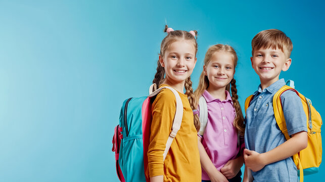 des enfants souriants, pour la rentr&eacute;e scolaire - fond bleu