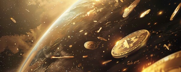 A golden bitcoin flies through space with the Earth in the background. - obrazy, fototapety, plakaty