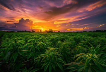 Field of marijuana plants (Cannabis) at sunset - obrazy, fototapety, plakaty