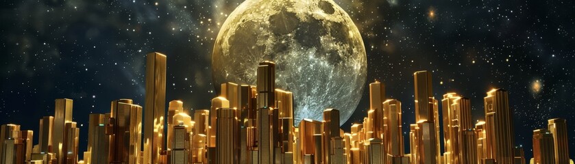 A golden city with a large moon in the background.