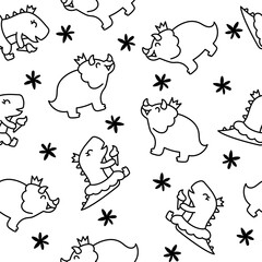 Funny cute girls dinosaurs. Seamless pattern. Coloring Page. Kawaii baby dino princess character. Hand drawn style. Vector drawing. Design ornaments.