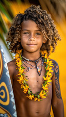 Happy native hawaiian young boy posing with his surfboard on yellow background.