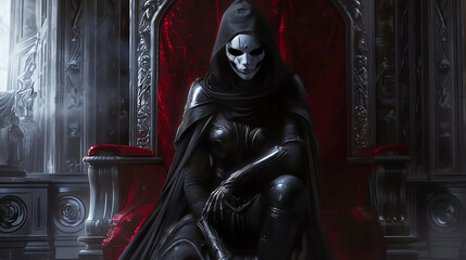 An Evil Woman Wearing a Deathly White Mask and a Black Hood Sitting on a Velvet Red Throne