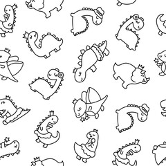 Funny cute girls dinosaurs. Seamless pattern. Coloring Page. Kawaii baby dino princess character. Hand drawn style. Vector drawing. Design ornaments.