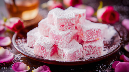 Pile of traditional Turkish delight (lokum) dusted with icing sugar, garnished with rose petals on a wooden table.