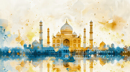 Obraz premium Artistic watercolor representation of the Taj Mahal with reflection, blending splashes of gold and blue, evoking a serene, dreamlike atmosphere.