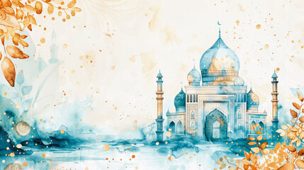 Naklejka premium An artistic watercolor illustration of the Taj Mahal with autumn leaves and a splatter effect, blending history with natural beauty.