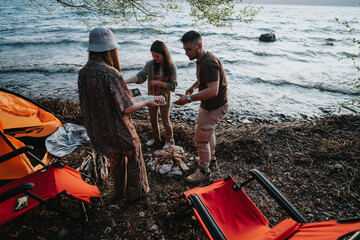 Three friends sharing a meal by a campfire on a serene lakeside setting with kayaks nearby, showcasing camaraderie and outdoor adventure.