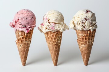 trio of mouthwatering ice cream cones indulgent summer treat pure white background food photography - obrazy, fototapety, plakaty