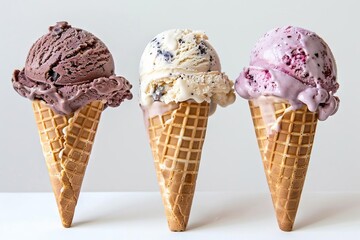 trio of mouthwatering ice cream cones indulgent summer treat pure white background food photography