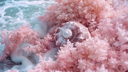 Surreal Seashell Amongst Pink Coral Plants on a Beach in Infrared Photography