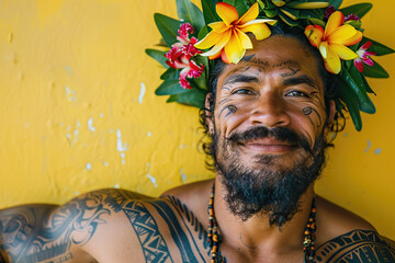 Tattued native hawaiian atlethic young man wearing a traditional haku lei on yellow background.